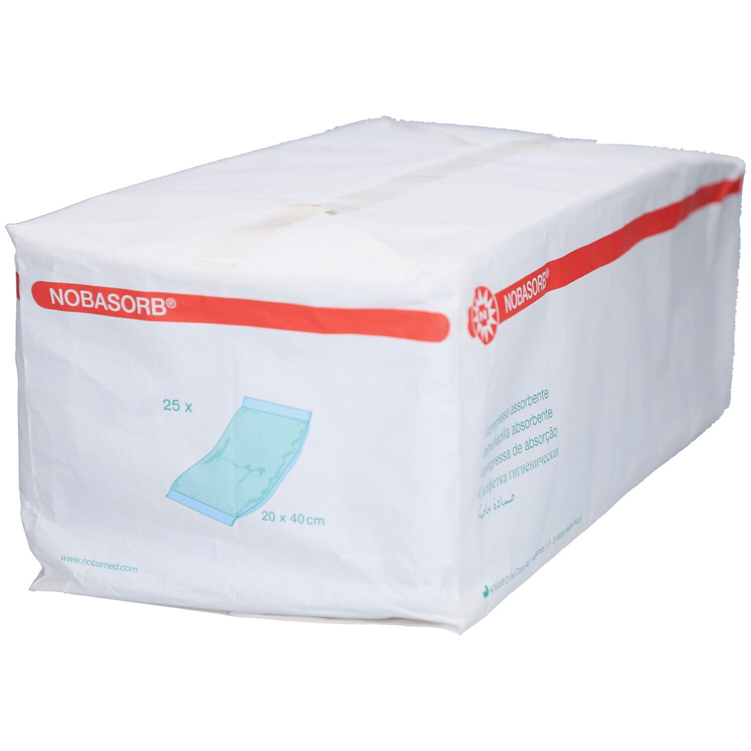 Weiße Verpackung mit rotem Streifen und Logo NOBASORB®. Darstellung einer Kompresse. Aufdruck: 25 Stück, 20 x 40 cm.