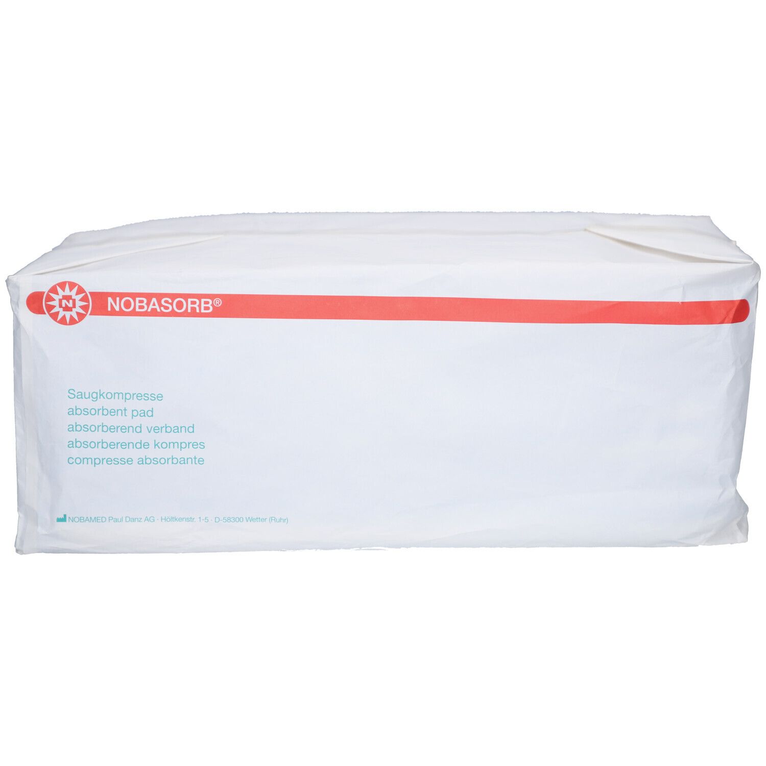 Weiße Verpackung mit rotem Streifen und Logo NOBASORB®. Aufdruck: Saugkompresse, absorbent pad, absorbierende Kompresse.