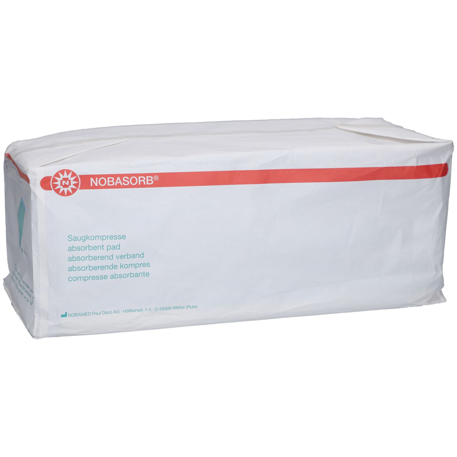 Weiße Verpackung mit rotem Streifen und Logo NOBASORB®. Aufdruck: Saugkompresse, absorbent pad, absorbierende Kompresse.