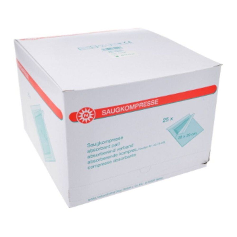Boîte blanche avec bande rouge et logo. Inscription : Saugkompresse, 25 pièces, 20 x 20 cm.