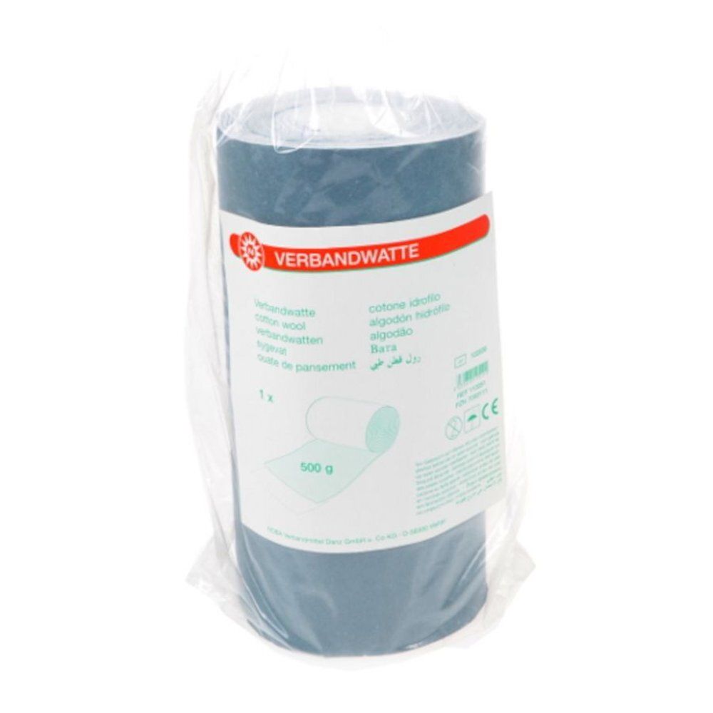 Rouleau de coton hydrophile emballé. Étiquette avec nom du produit et indication de poids.