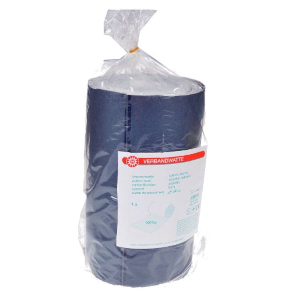 Rouleau de coton hydrophile emballé dans un film transparent. Étiquette avec nom et informations. Coton bleu.