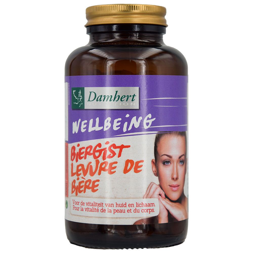 Flacon brun avec capsules. Inscription: Wellbeing, Biergist, Levure de Bière. Visage de femme.