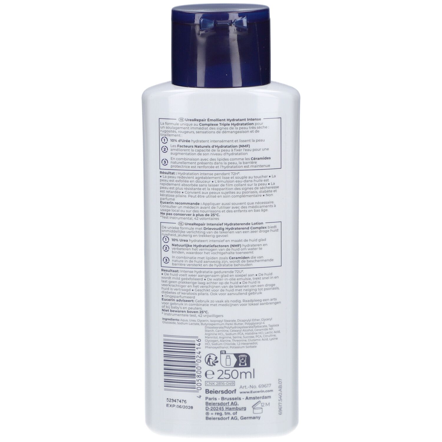 Rückseite der Eucerin UreaRepair Plus Lotion. Text, Barcode und Volumenangabe 250ml.