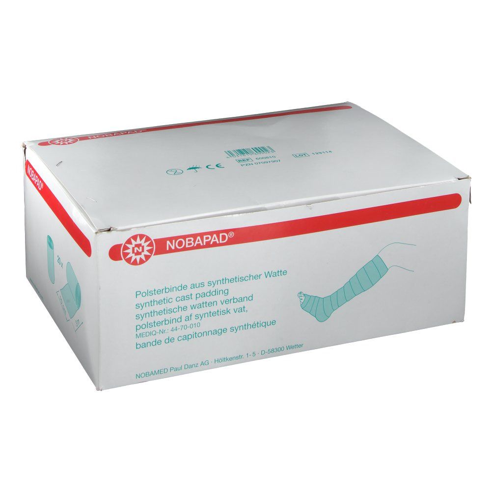 Karton mit NOBAPAD® Polsterbinde. Aufdrucke: Produktname, Illustration eines bandagierten Fußes, Text in Deutsch, Englisch, Niederländisch und Französisch.