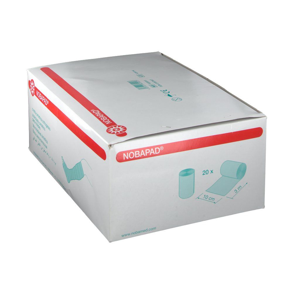 Karton mit NOBAPAD®. Aufdruck: Produktname, Illustration von Rolle und Bandage, Größenangabe 10 cm x 3 m, 20 Stück.