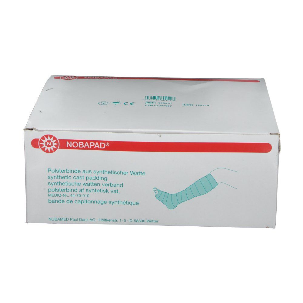Karton mit NOBAPAD® Polsterbinde. Aufdrucke: Produktname, Illustration eines bandagierten Fußes, Text in Deutsch, Englisch, Niederländisch und Französisch.