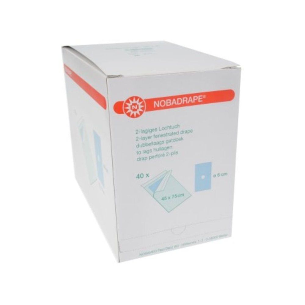 Boîte en carton blanche. Inscription: NOBADRAPE®. Contient 40 champs opératoires stériles. Dimensions : 45 x 75 cm. Avec trou.
