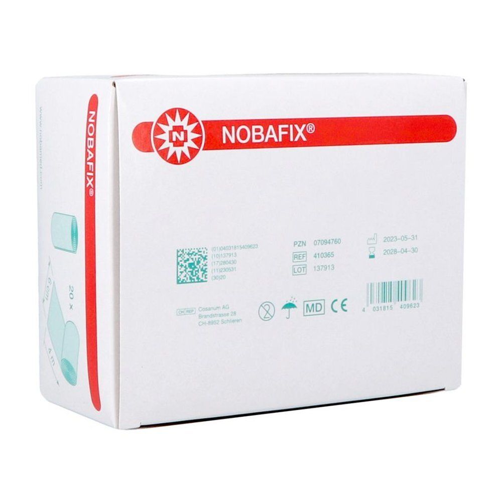 Emballage blanc avec bande rouge et texte NOBAFIX®. Logo étoile rouge et N. Impressions avec informations produit et marquage MD CE.