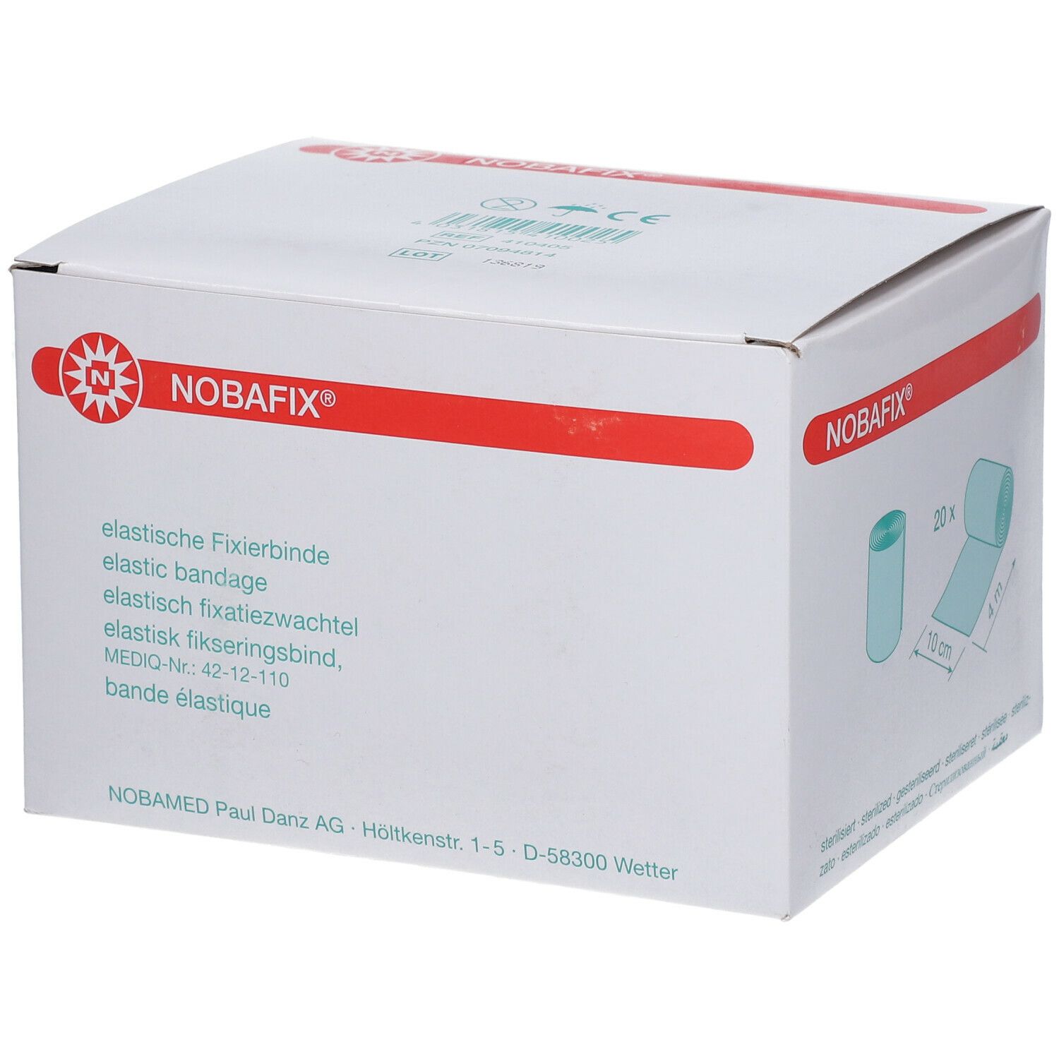 Weiße Verpackung mit roter Linie und Logo. Text: elastische Fixierbinde, elastic bandage, elastisch fixatiewachtel, elastisk fikseringsbind, bande élastique.