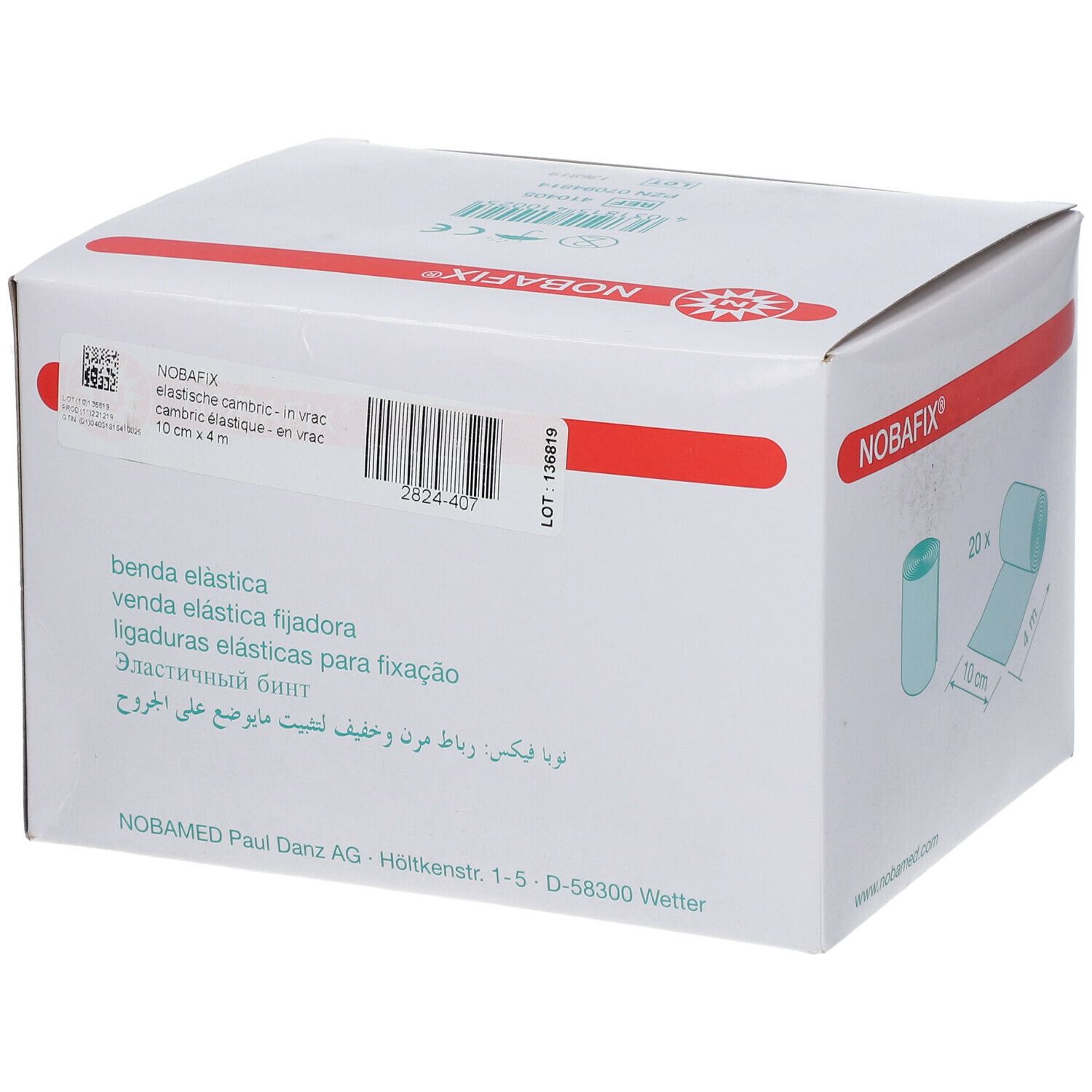 Weiße Verpackung mit roter Linie und Logo. Text: Nobafix, elastische Fixierbinde, 10 cm x 4 m. Mit Text in weiteren Sprachen.