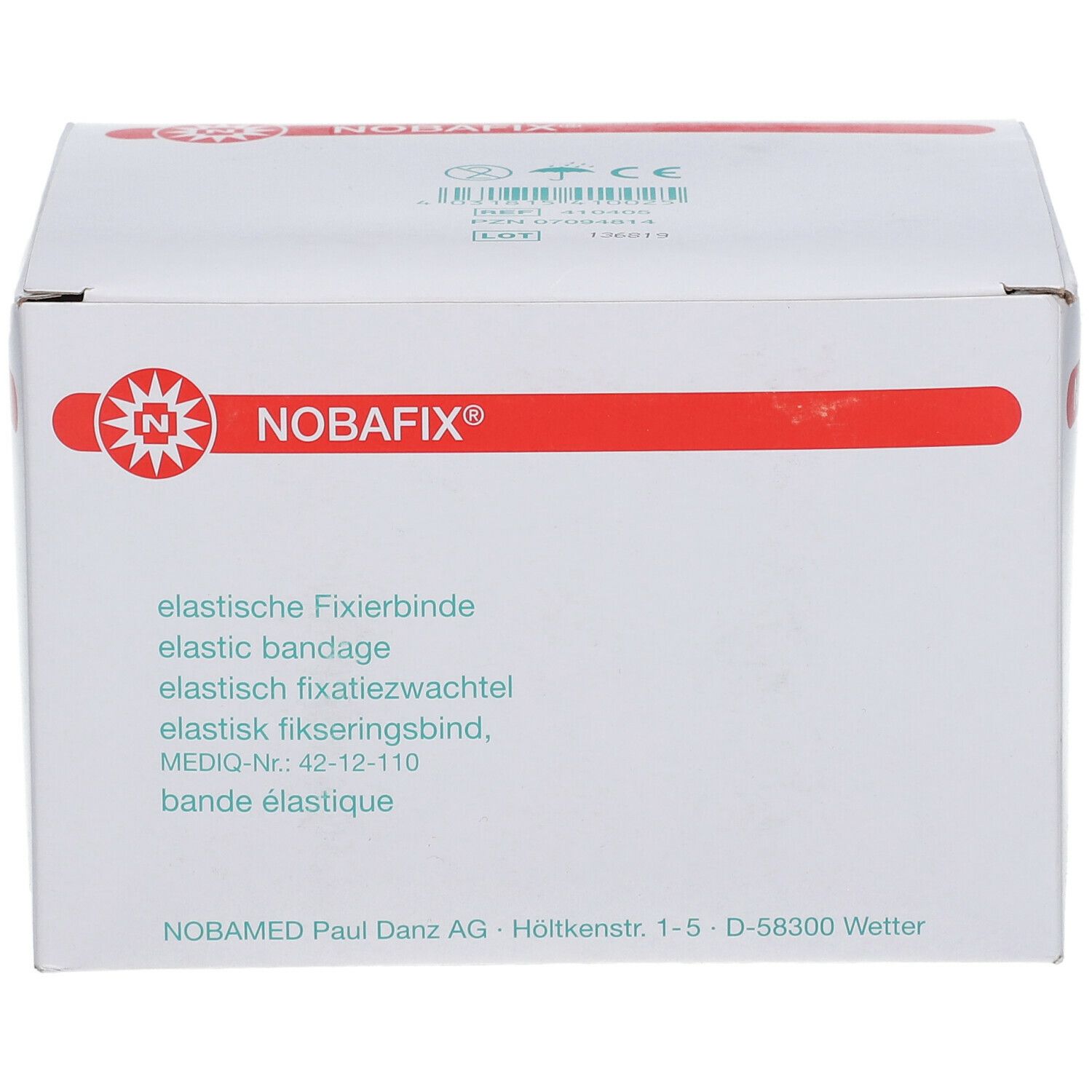 Weiße Verpackung mit roter Linie und Logo. Text: elastische Fixierbinde, elastic bandage, elastisch fixatiewachtel, elastisk fikseringsbind, bande élastique.