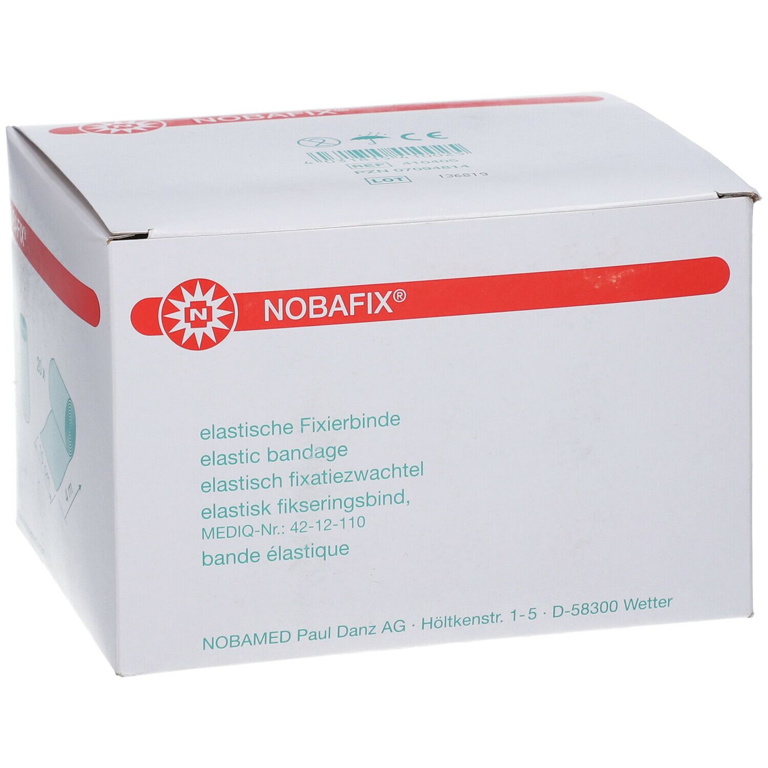 Weiße Verpackung mit roter Linie und Logo. Text: elastische Fixierbinde, elastic bandage, elastisch fixatiewachtel, elastisk fikseringsbind, bande élastique.