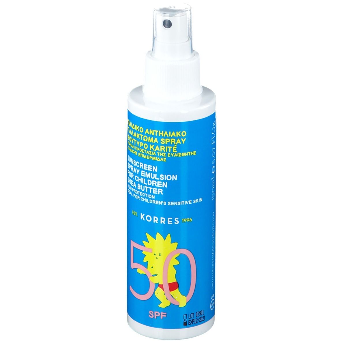 Émulsion solaire pour enfants. Flacon bleu avec vaporisateur blanc. SPF 50. Logo KORRES et dessin enfant.