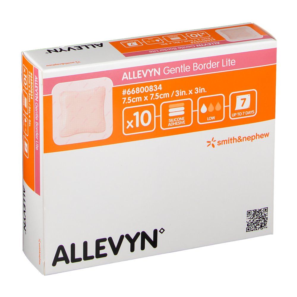 Boîte de ALLEVYN Gentle Border Lite. Pansement visible, taille 7,5 x 7,5 cm, paquet de 10. Marque Smith & Nephew.