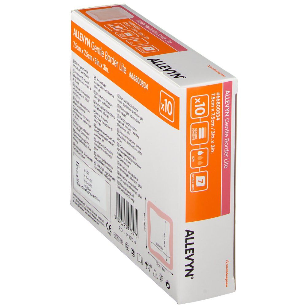 Boîte ALLEVYN Gentle Border Lite en biais. Dos avec informations produit. Paquet de 10. Marque Smith & Nephew.