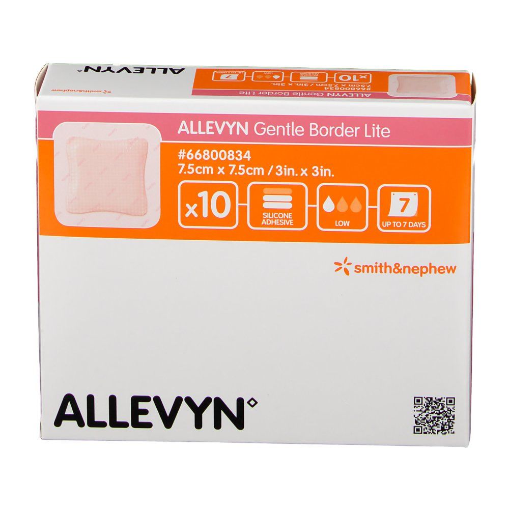 Boîte ALLEVYN Gentle Border Lite. Pansement visible, taille 7,5 x 7,5 cm, paquet de 10. Marque Smith & Nephew.