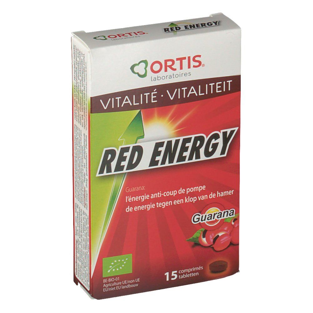 Boîte Ortis Red Energy Bio. Inscriptions: Red Energy, Vitalité, 15 comprimés. Label bio et illustration de guarana.