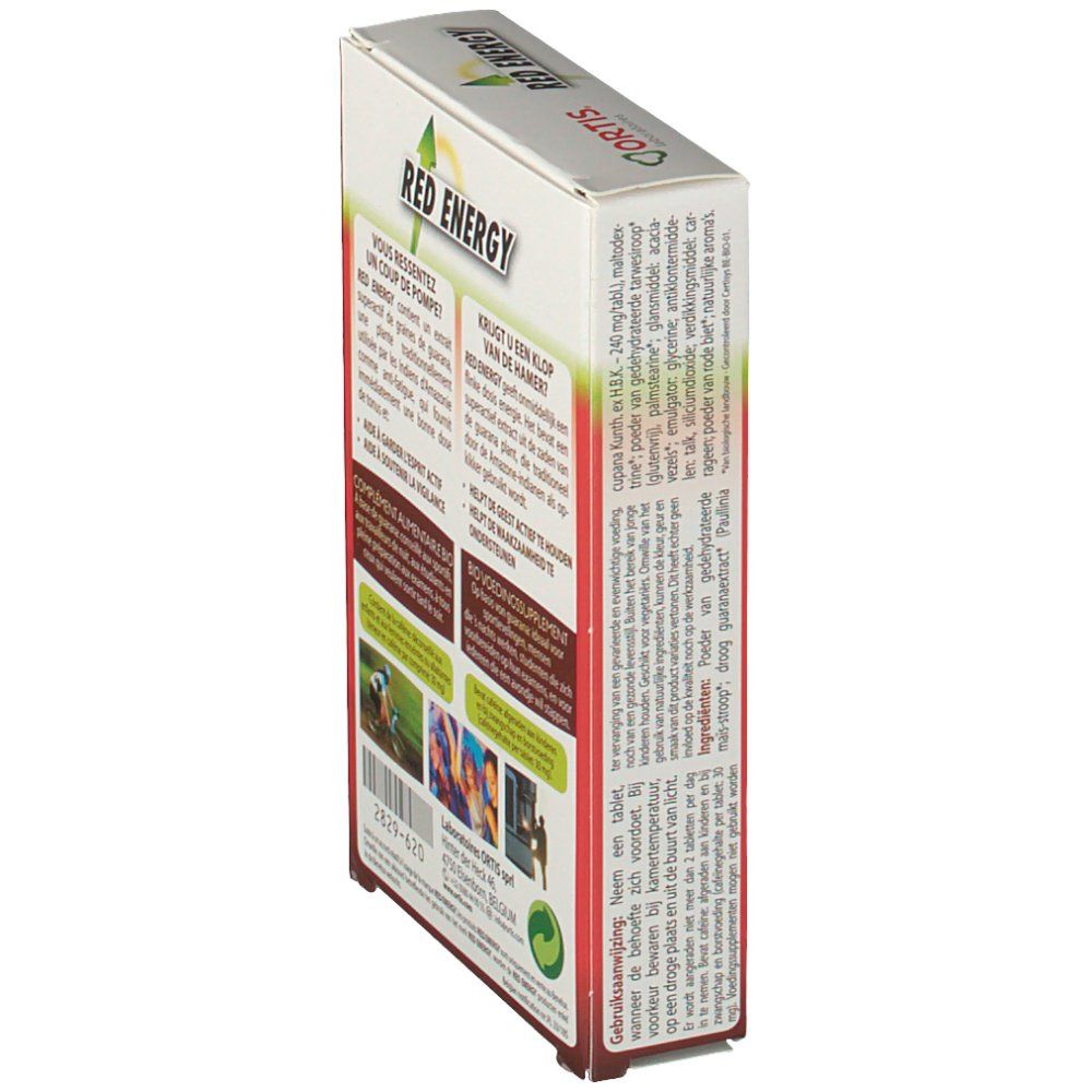 Vue latérale de la boîte Ortis Red Energy Bio. Textes en français et néerlandais. Ingrédients et conseils d'utilisation.