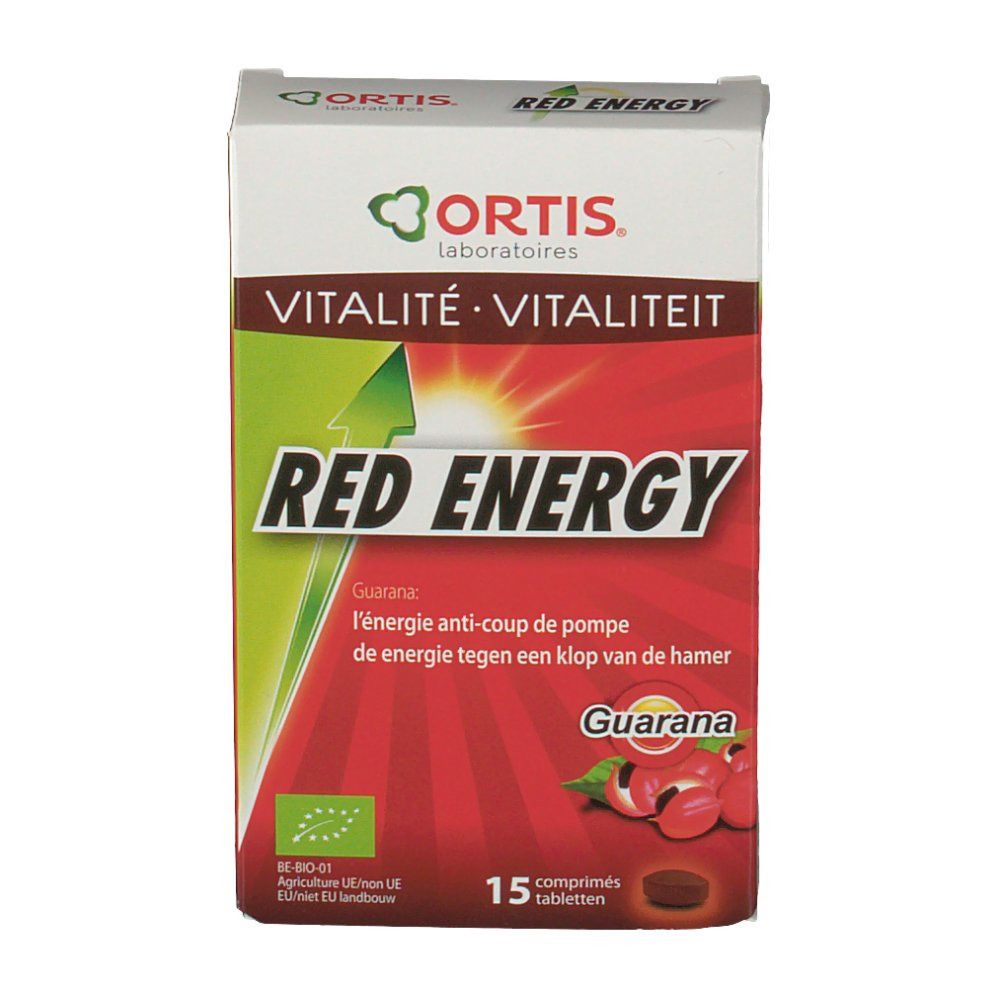 Vue de face de la boîte Ortis Red Energy Bio. Inscriptions: Red Energy, Vitalité, 15 comprimés. Label bio et guarana.