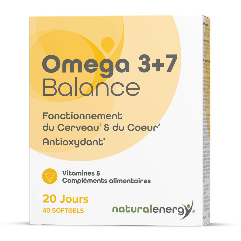 Boîte de compléments alimentaires Omega 3+7 Balance. Contient 40 gélules pour 20 jours. Contient vitamines et compléments.
