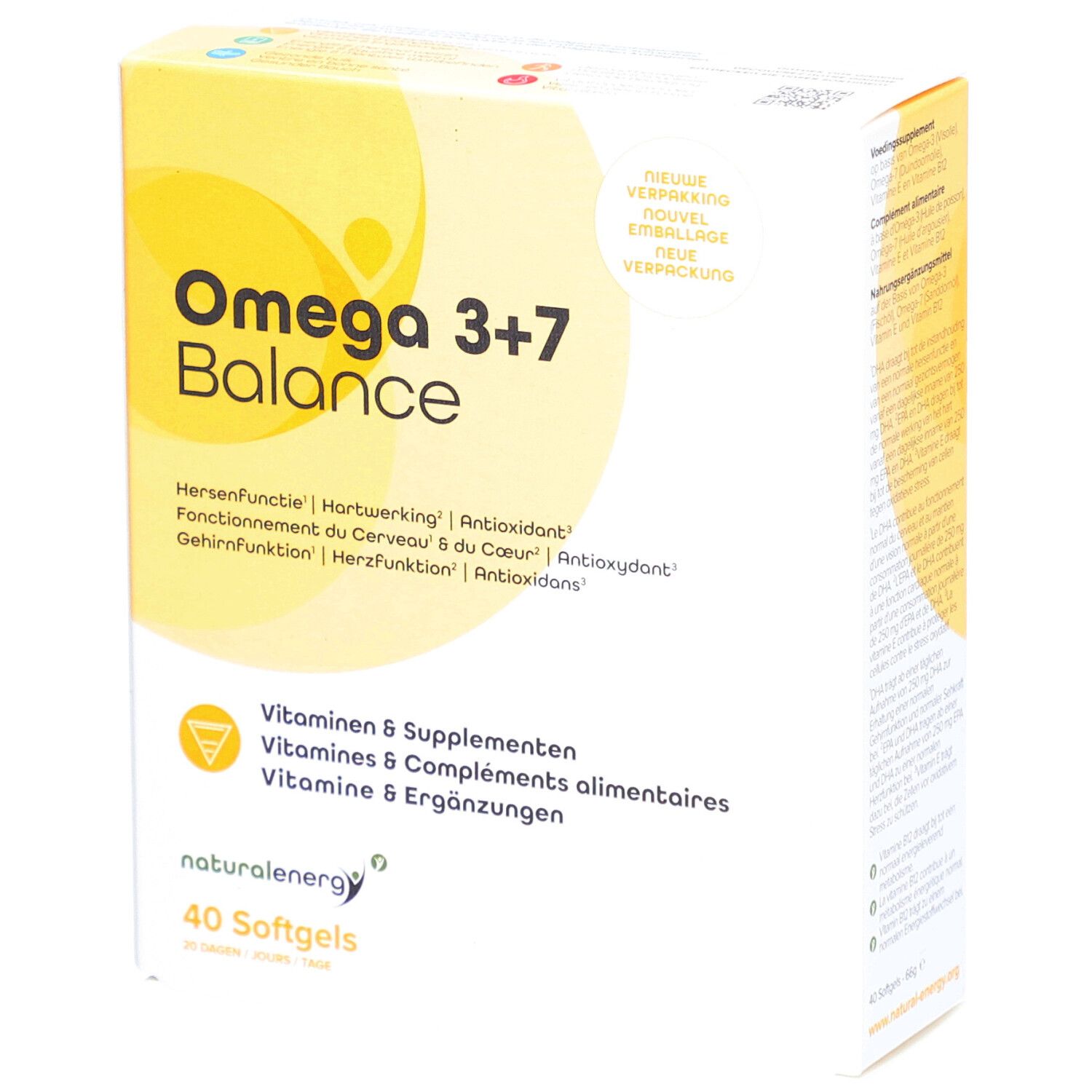 Verpackung von Omega 3+7 Balance mit 40 Softgels. Enthält Vitamine & Supplemente für Gehirnfunktion, Herz und Antioxidans.