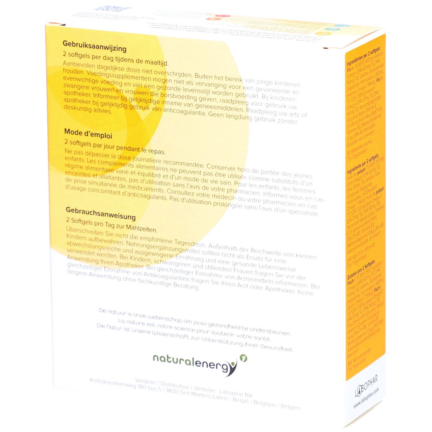 Rückseite der Omega 3+7 Balance Verpackung mit Gebrauchsanweisung in mehreren Sprachen.