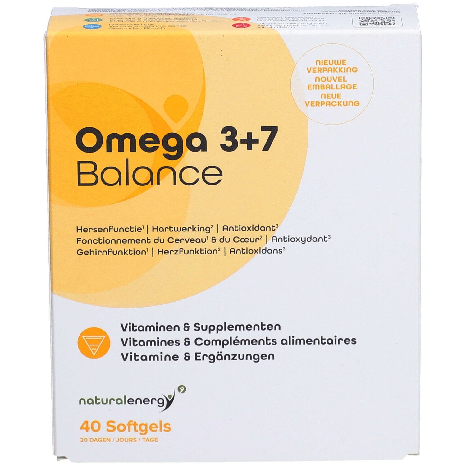 Verpackung von Omega 3+7 Balance mit 40 Softgels. Enthält Vitamine & Supplemente für Gehirnfunktion, Herz und Antioxidans.