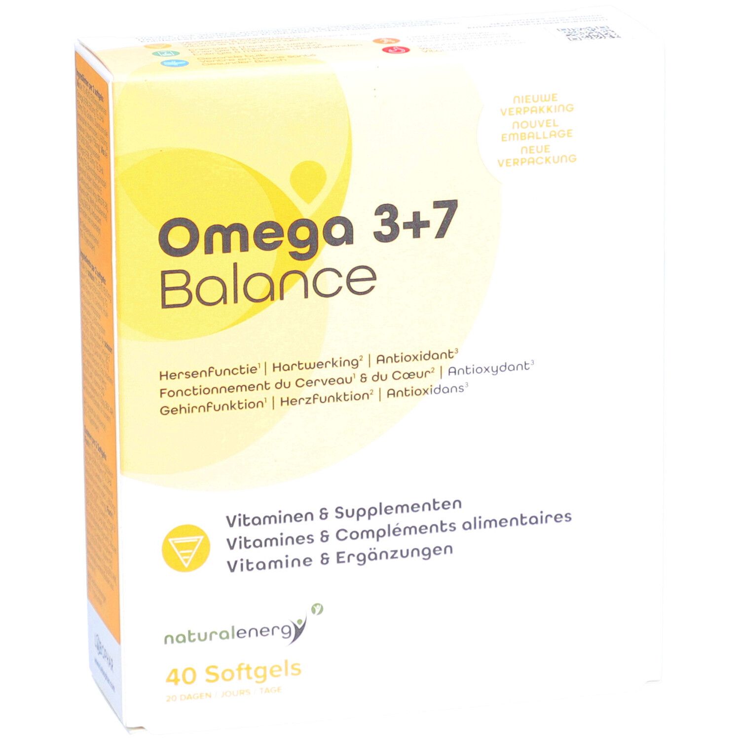 Verpackung von Omega 3+7 Balance mit 40 Softgels. Enthält Vitamine & Supplemente für Gehirnfunktion, Herz und Antioxidans.