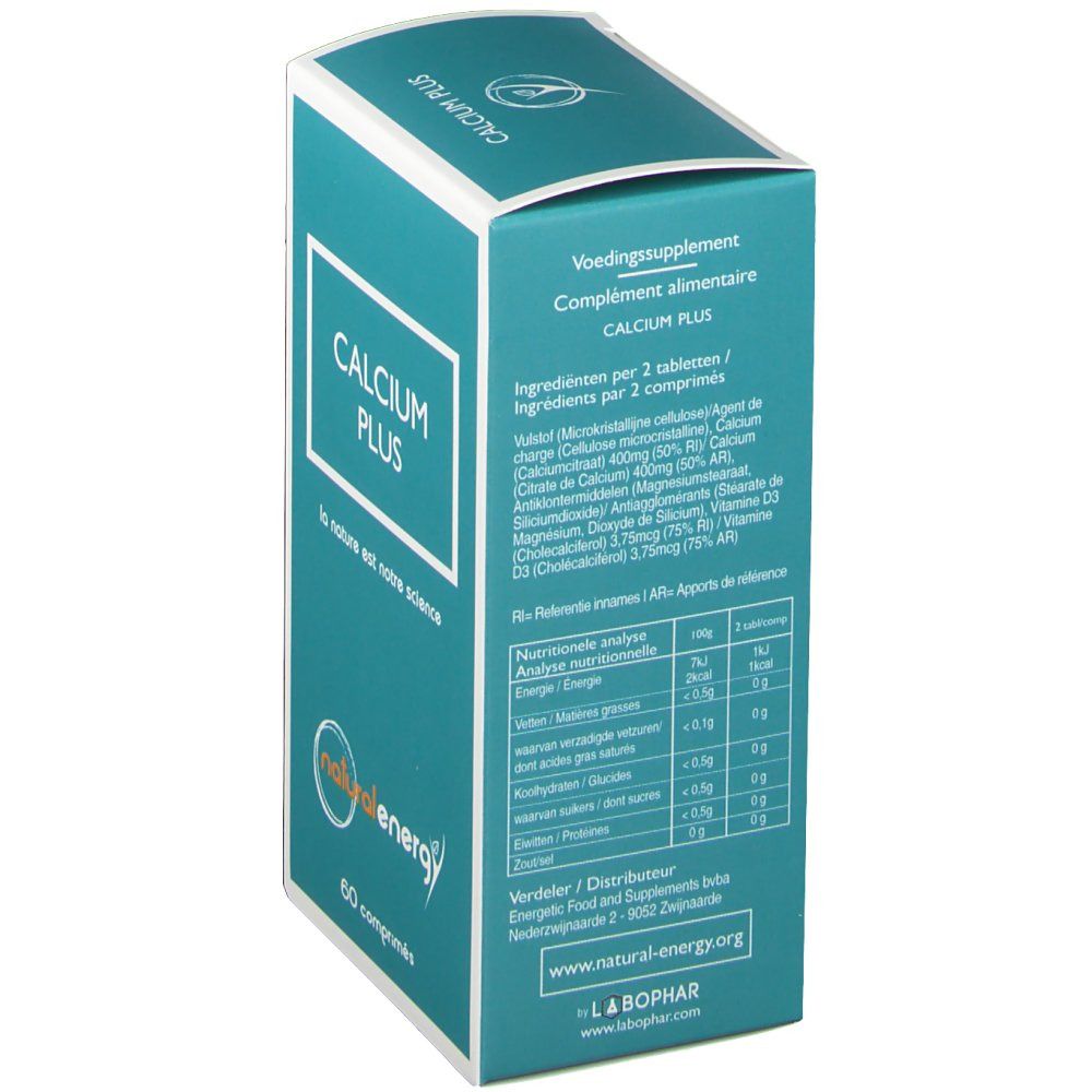Rückseite der Schachtel. Text: "CALCIUM PLUS". Inhaltsstoffe, Nährwertanalyse. Logo "natural energy". Text in Niederländisch und Französisch.