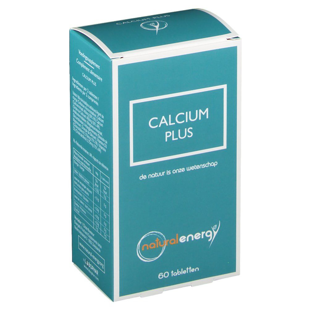 Schachtel mit "CALCIUM PLUS"-Schriftzug. Logo "natural energy". 60 Tabletten. Text: "de natuur is onze wetenschap".