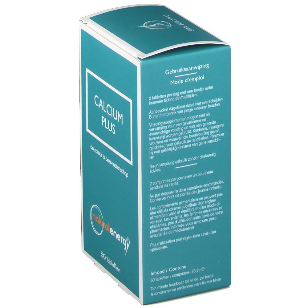 Seite der Schachtel mit Gebrauchsanweisung. Text: "CALCIUM PLUS". Logo "natural energy". Text in Niederländisch und Französisch.