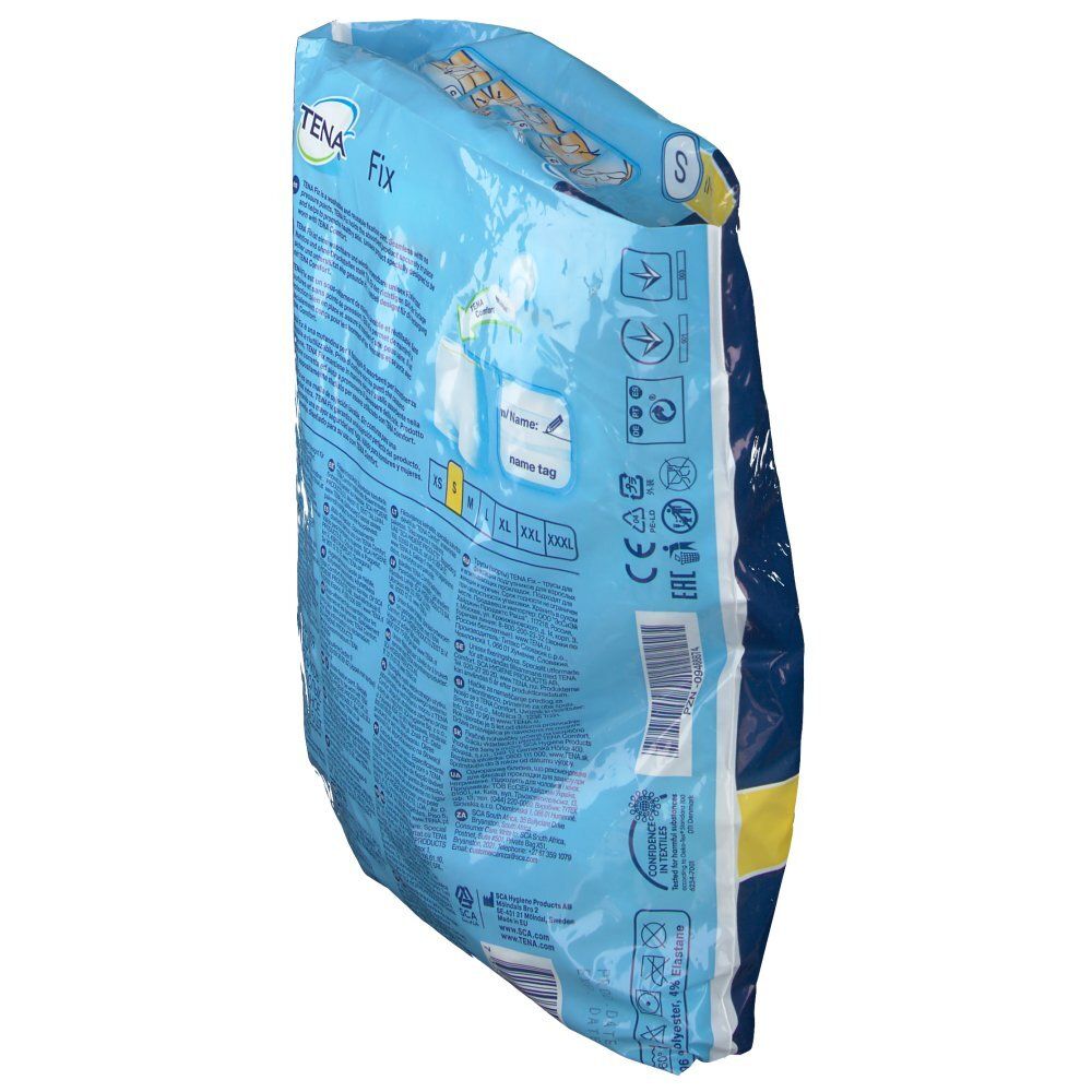 Emballage de TENA Fix Fixierhosen S, vue oblique. Emballage bleu transparent avec informations sur le produit et logo.