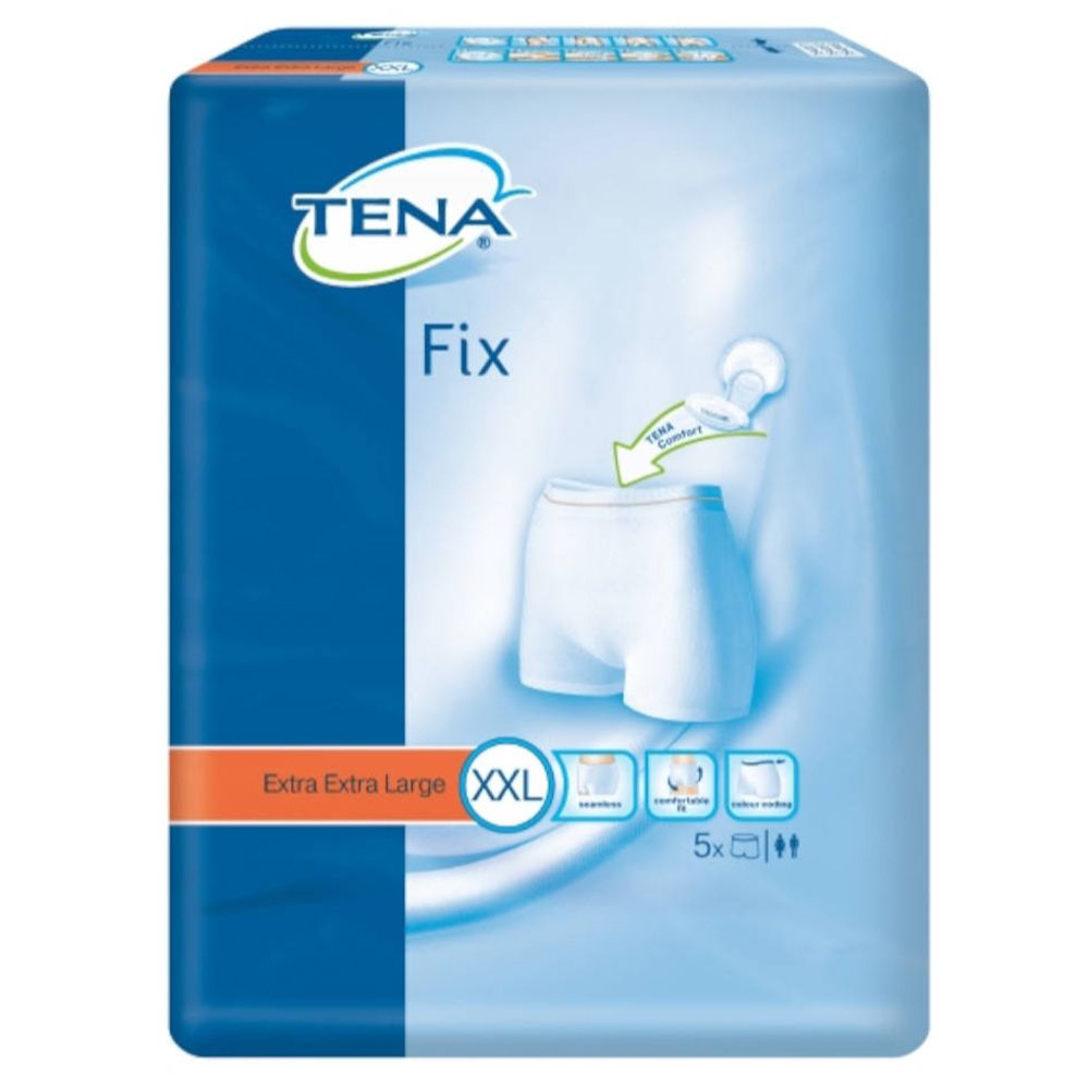 Paquet de TENA Fix Fixierhosen XXL. Emballage bleu avec image du produit et logo. Contient 5 pièces.