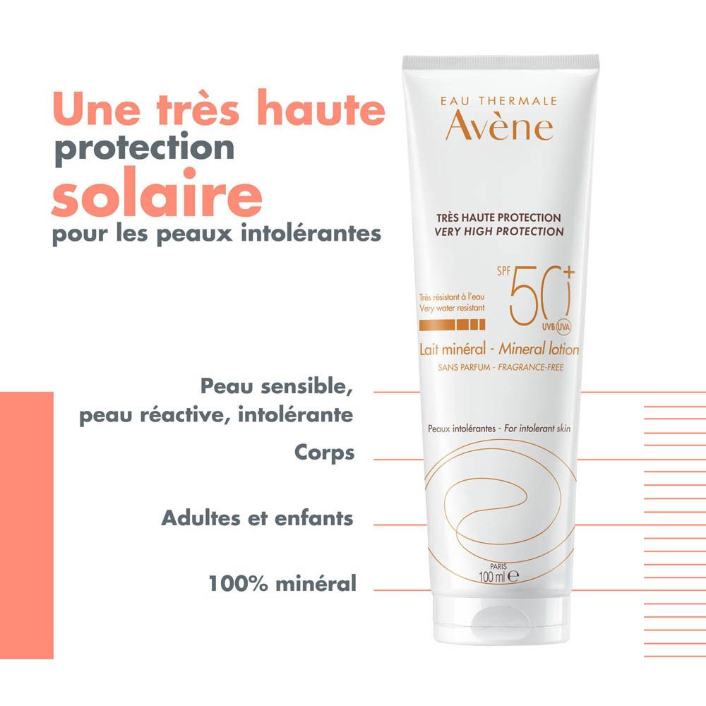 Graphique avec texte. Tube de lait solaire. Texte: Très haute protection solaire pour les peaux intolérantes.