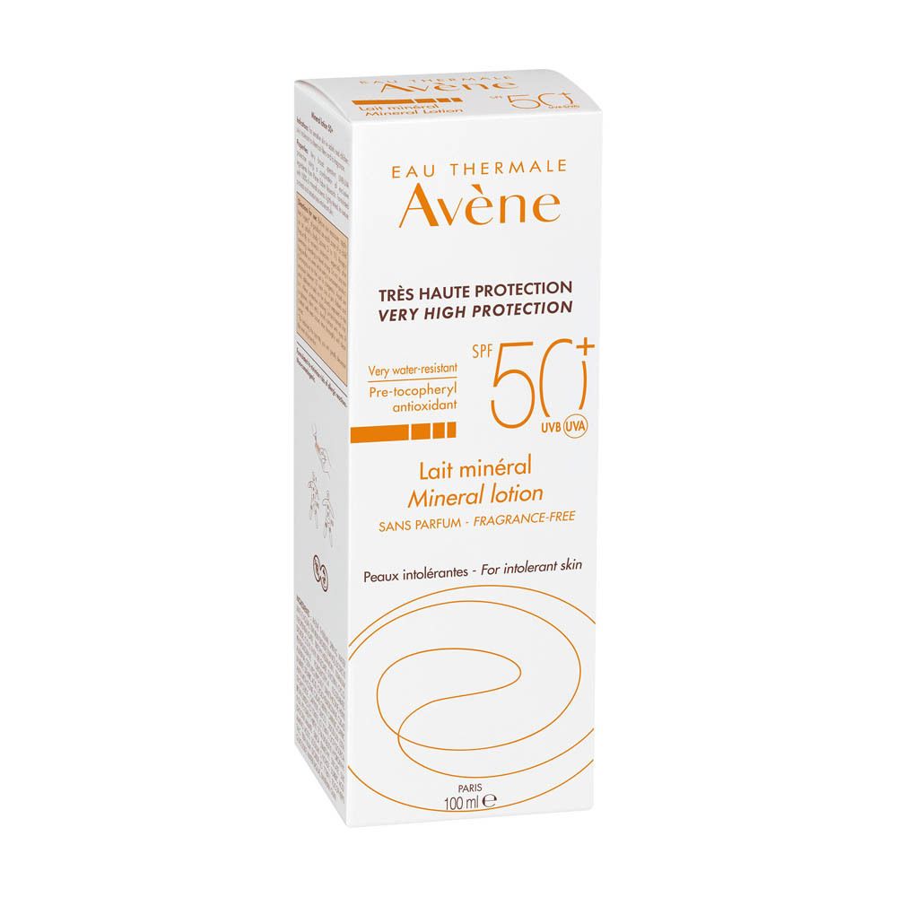Boîte de lait solaire. Marque Avène, SPF 50+. Texte: Lait minéral, sans parfum. 100 ml.