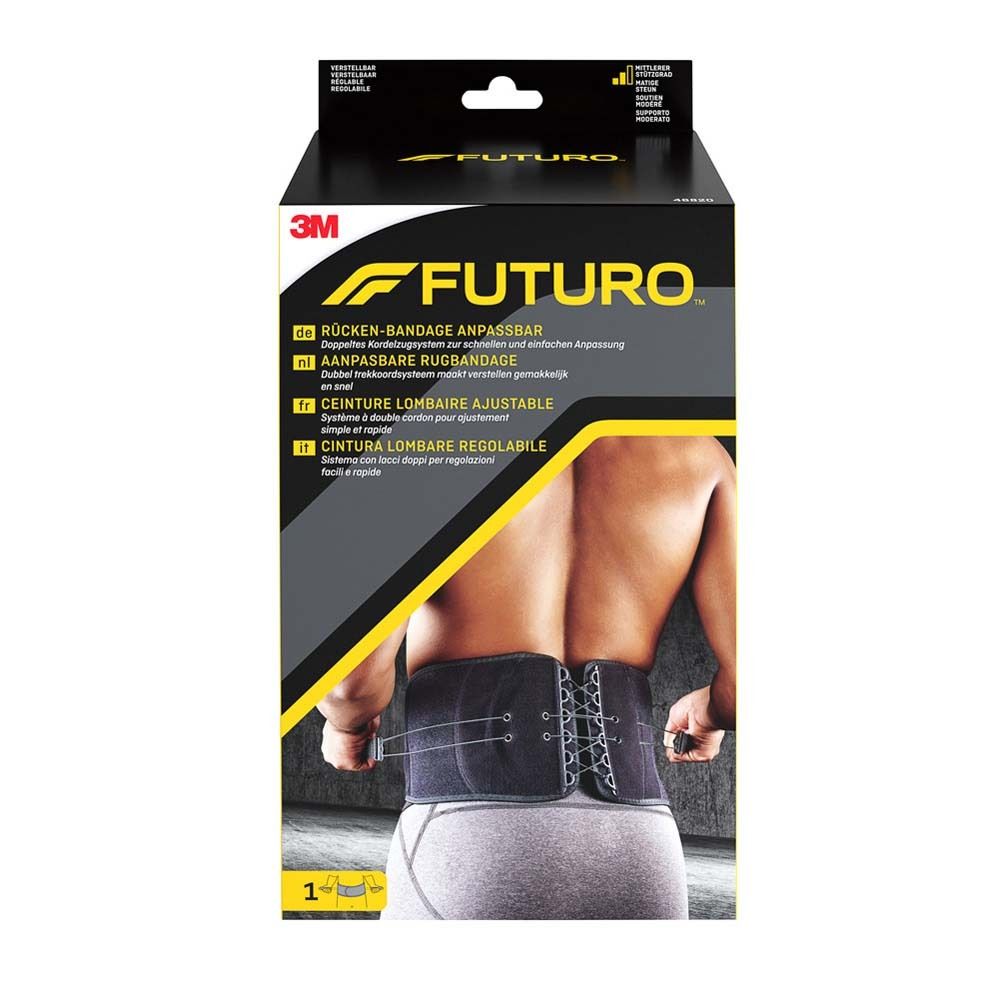 Schwarzer Lendengurt. Verstellbar. Schnürung hinten. 3M und FUTURO Logo. Auf der Verpackung abgebildet.