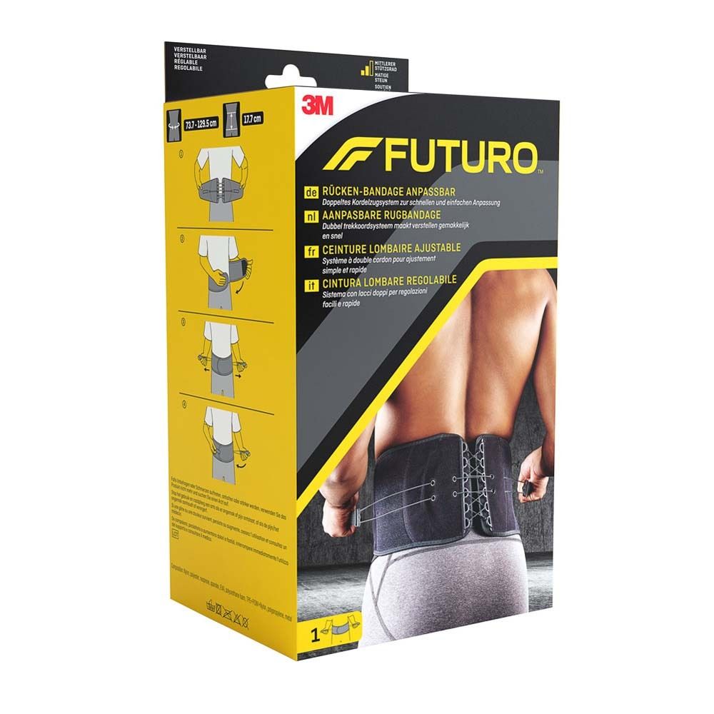 Verpackung mit FUTURO Lendengurt. Anleitung zur Anwendung. 3M Logo. Größenangabe: 73-129 cm.