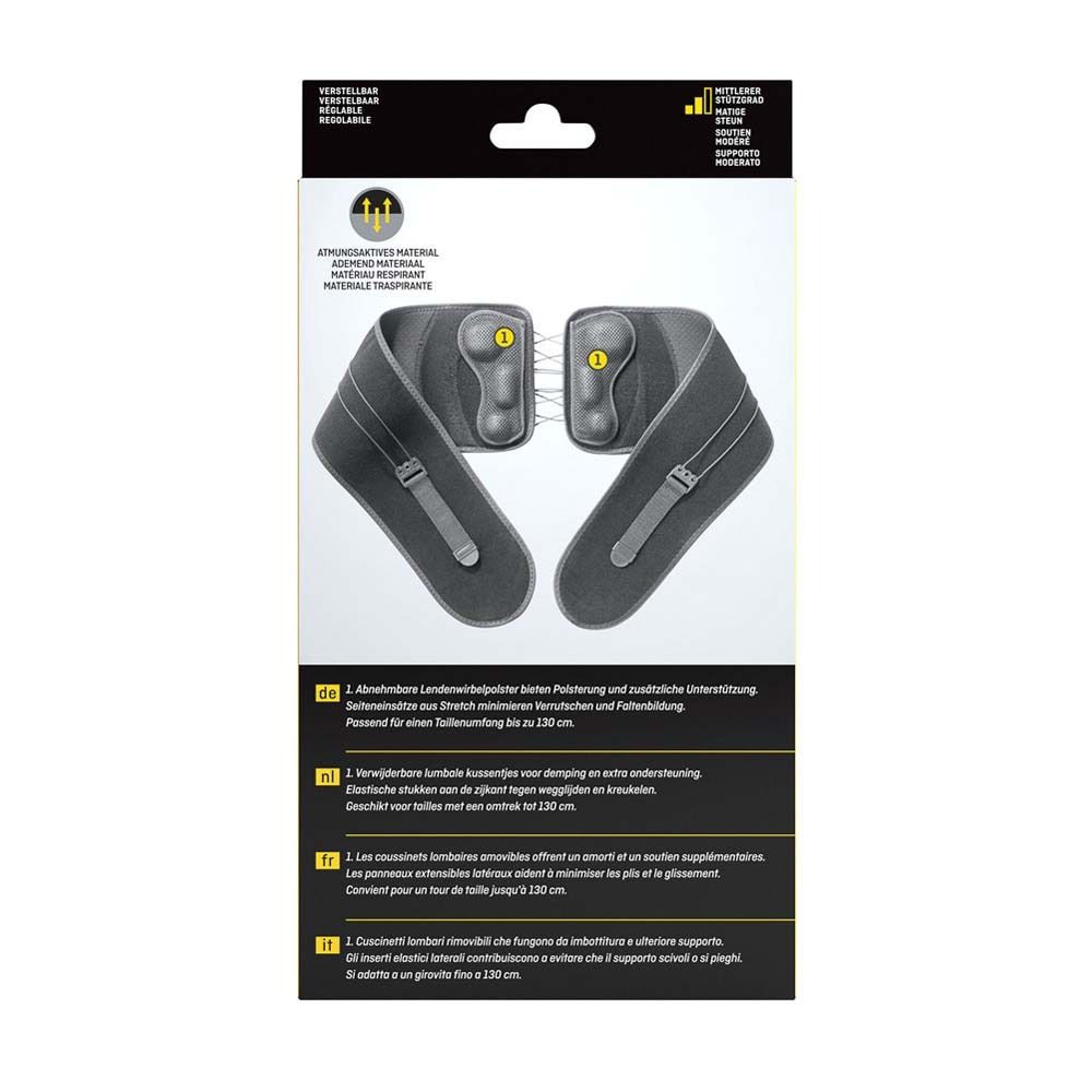 Rückseite der Lendengurt-Verpackung. Produktmerkmale in Deutsch, Niederländisch, Französisch, Italienisch.