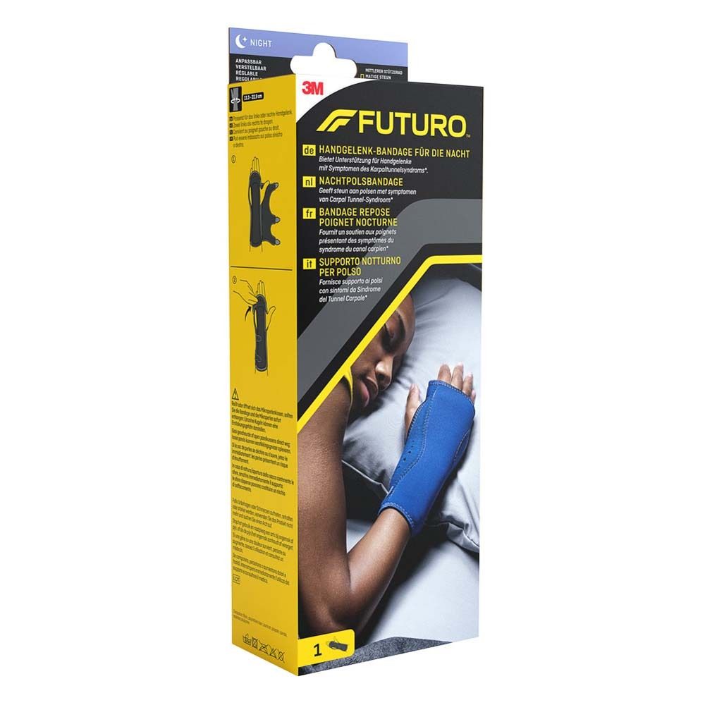 Verpackung der Handgelenksbandage. 3M™ Futuro™ Nacht. Produktabbildung und Anwendungsbeispiele.