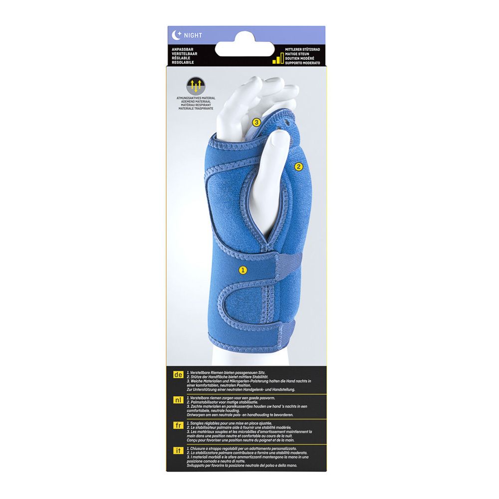 Attelle de poignet bleue. Vue arrière sur un modèle de main blanche. Numéros de produit et descriptions.