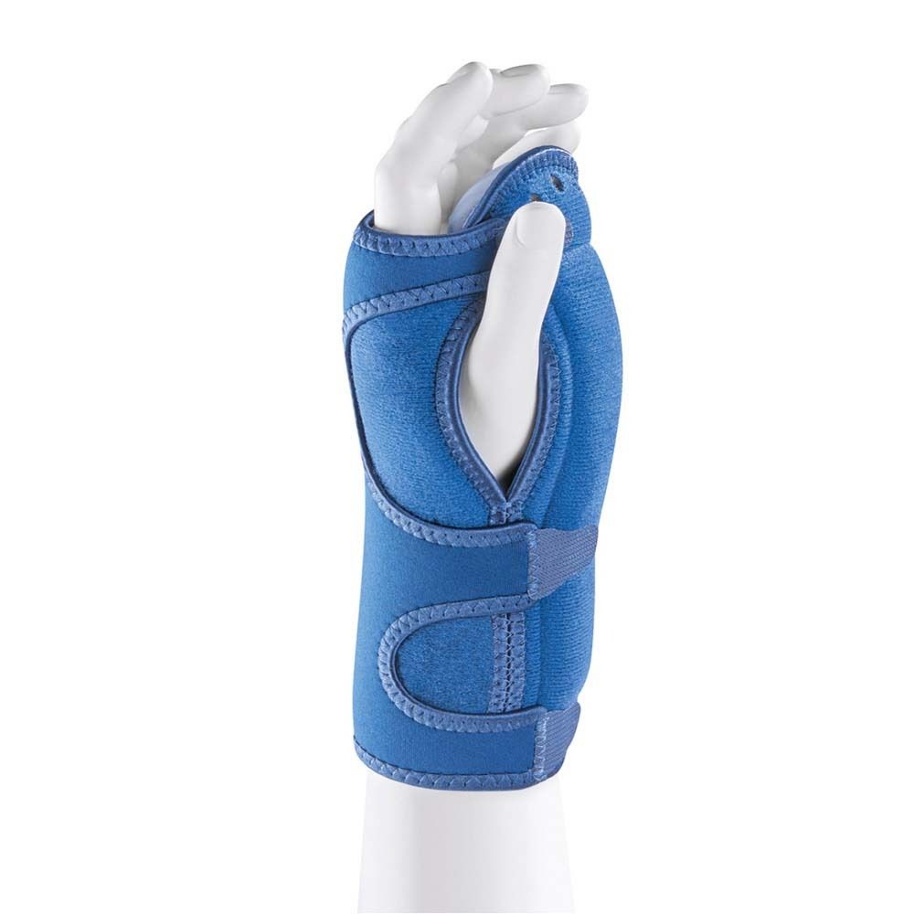 Verpackung der Handgelenksbandage. 3M™ Futuro™ Nacht. Produktabbildung und Anwendungsbeispiele.