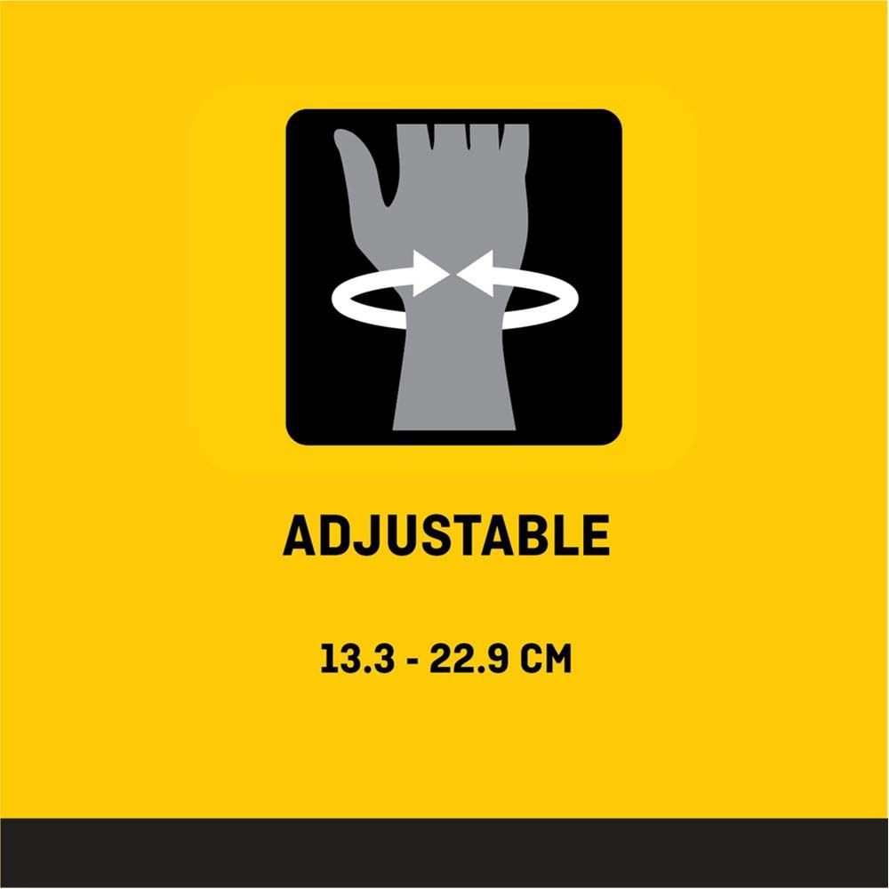 Rückseite der Handgelenksbandage. Blaue Bandage auf weißer Hand. Beschriftungen.