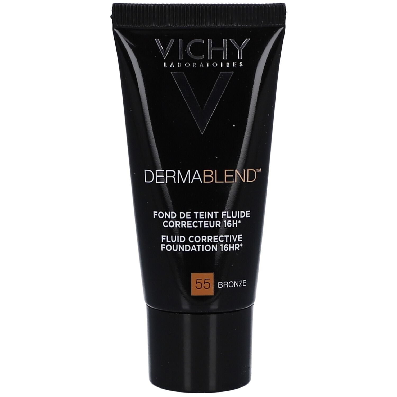 Vichy Dermablend Make Up Nr. 55 Bronze. Schwarze Tube mit Produktinformationen.