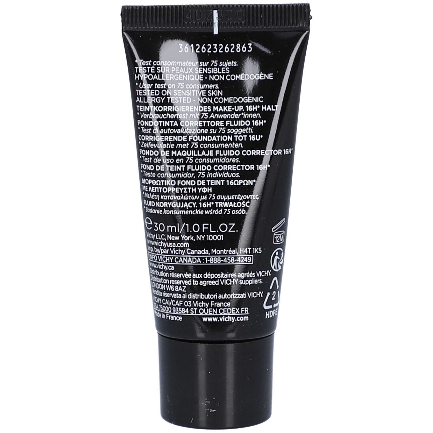 Rückseite der Tube. Produktinformationen und Inhaltsstoffe. Marke und Name sichtbar.