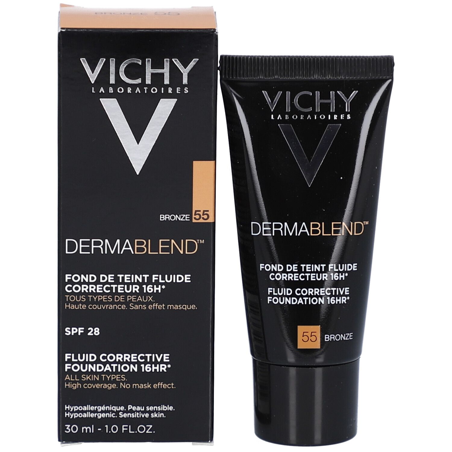 Vichy Dermablend Make Up Nr. 55 Bronze. Tube und Verpackung. Marke und Name sichtbar.