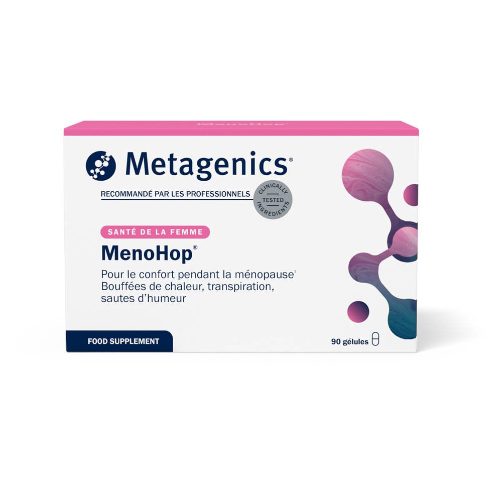 Boîte blanche avec logo Menohop et texte. Contient 90 gélules. Logo Metagenics.