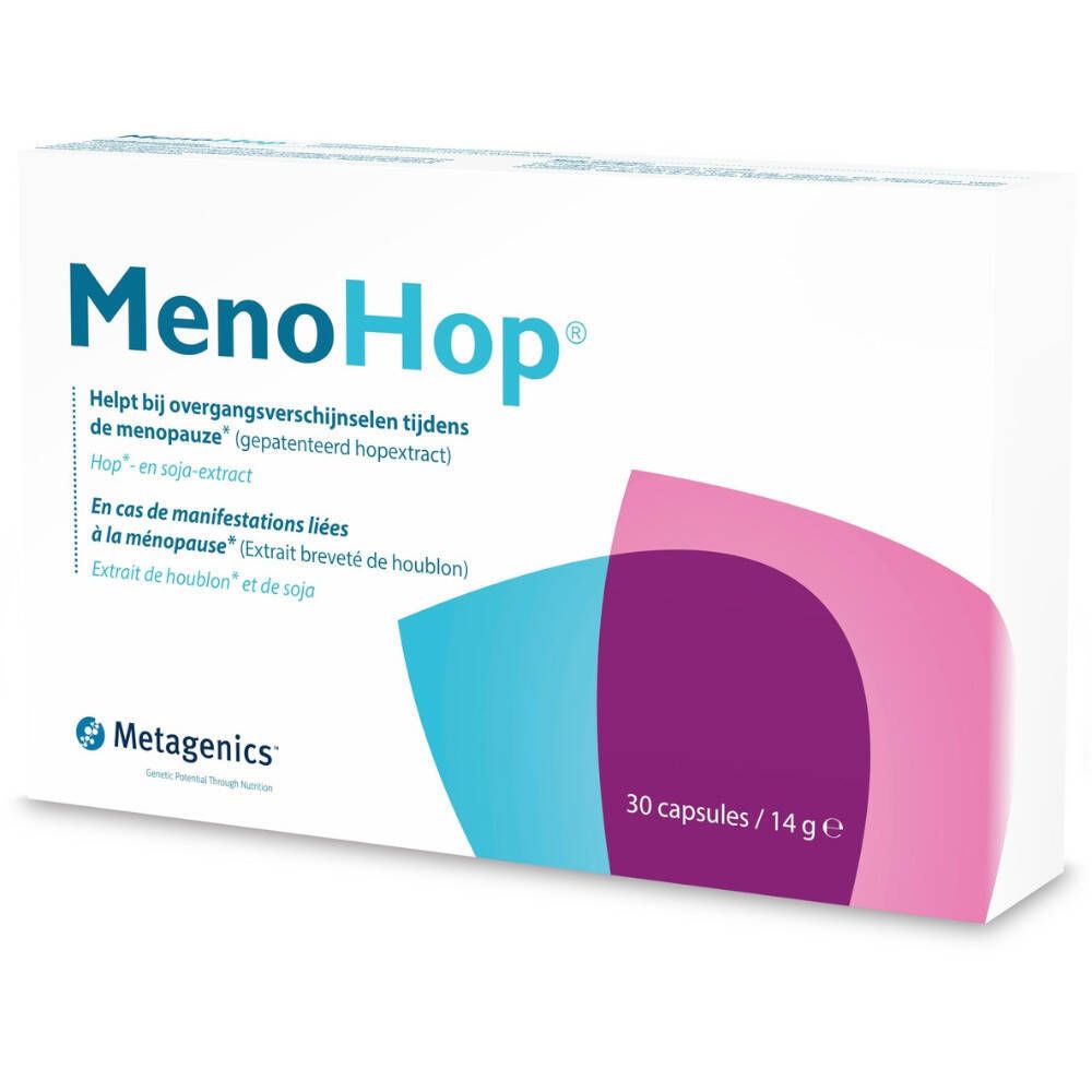 Weiße Schachtel mit "MenoHop"-Logo und Produktinformationen. Enthält 30 Kapseln. Marke: Metagenics.