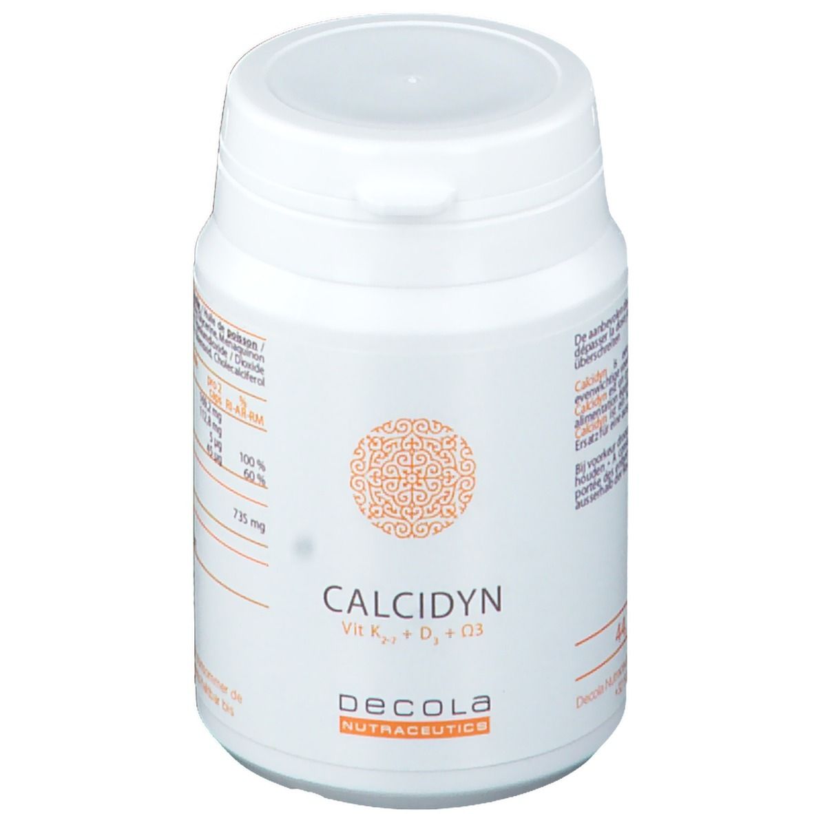 Weiße Dose mit Deckel. Aufschrift CALCIDYN, Vit K2, D3, D3. Marke Decola Nutraceutics. Orangefarbenes Muster.