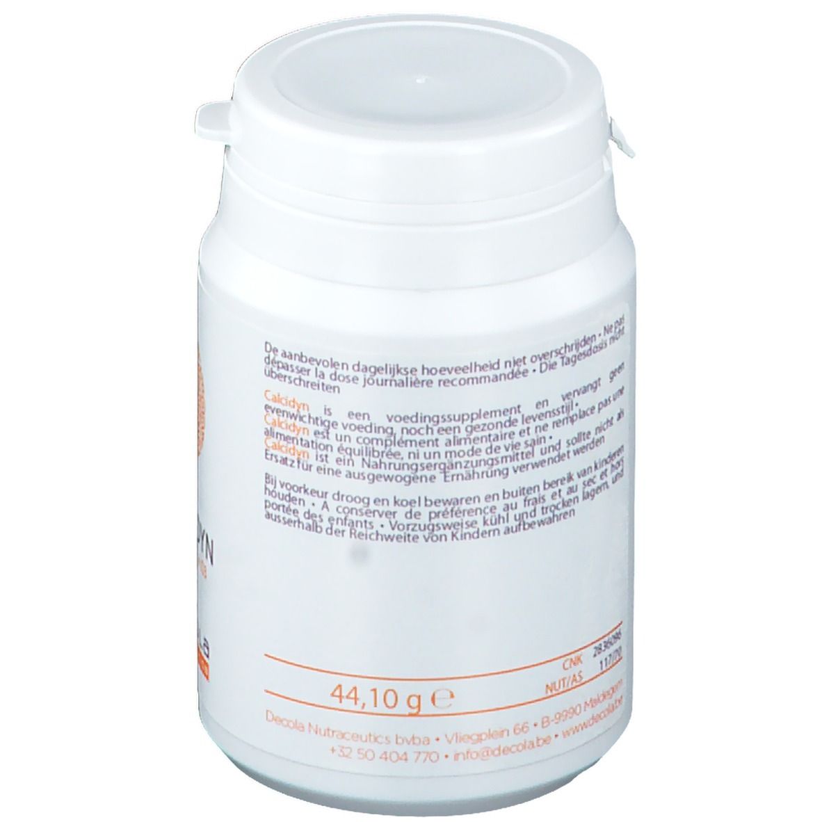 Weiße Dose mit Deckel. Rückseite mit Text. Aufschrift 44,10 g. Herstellerinformationen. Warnhinweise.